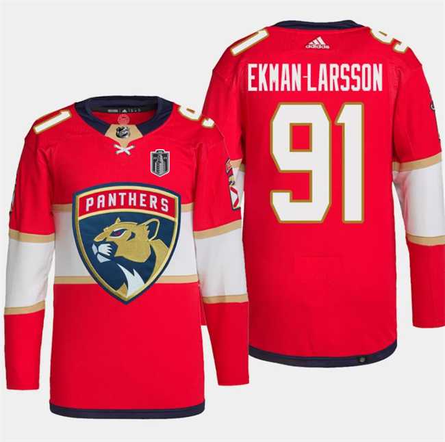 Mens Florida Panthers #91 Oliver Ekman-Larsson Red 2024 Stanley Cup Final Patch Stitched Jersey Dzhi->florida panthers->NHL Jersey